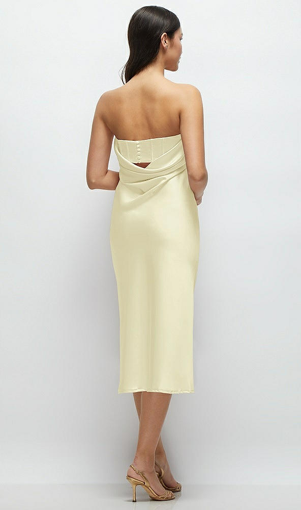 Back View - Butter Yellow Strapless Midi Bias Column Dress with Peek-a-Boo Corset Back