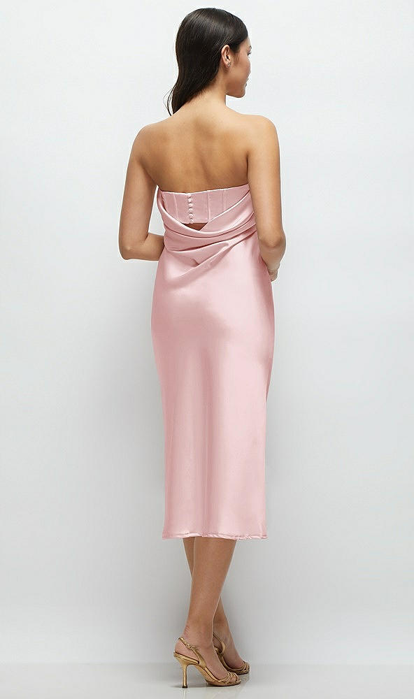 Back View - Ballet Pink Strapless Midi Bias Column Dress with Peek-a-Boo Corset Back