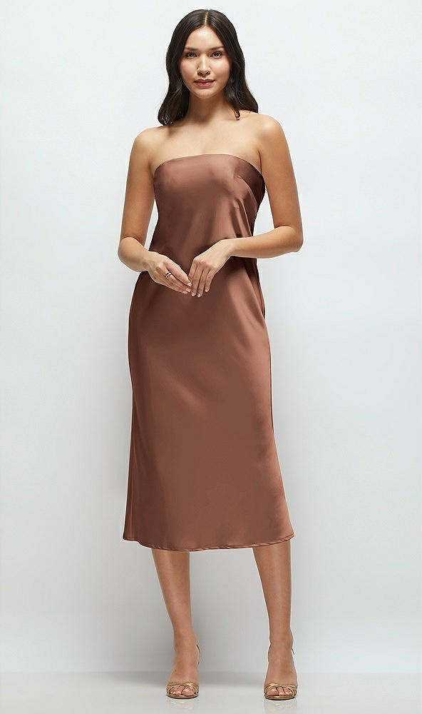 Front View - Cognac Strapless Midi Bias Column Dress with Peek-a-Boo Corset Back
