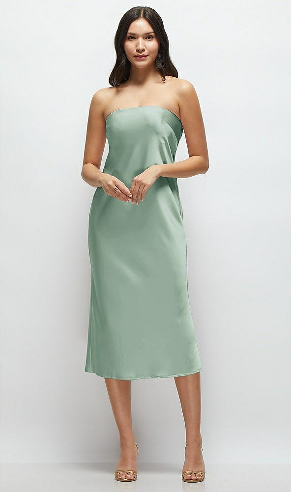 Front View - Seagrass Strapless Midi Bias Column Dress with Peek-a-Boo Corset Back