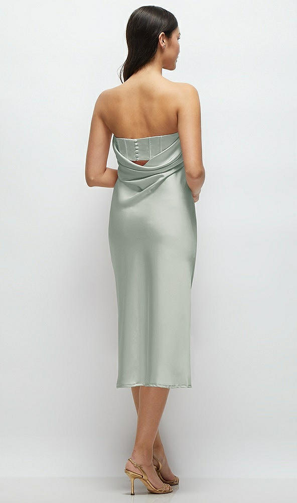 Back View - Willow Green Strapless Midi Bias Column Dress with Peek-a-Boo Corset Back