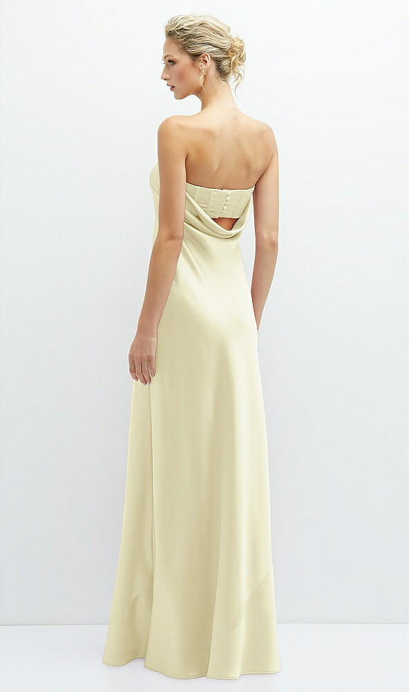 Back View - Butter Yellow Strapless Maxi Bias Column Dress with Peek-a-Boo Corset Back