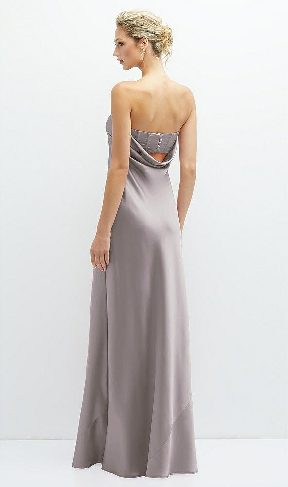 Back View - Cashmere Gray Strapless Maxi Bias Column Dress with Peek-a-Boo Corset Back
