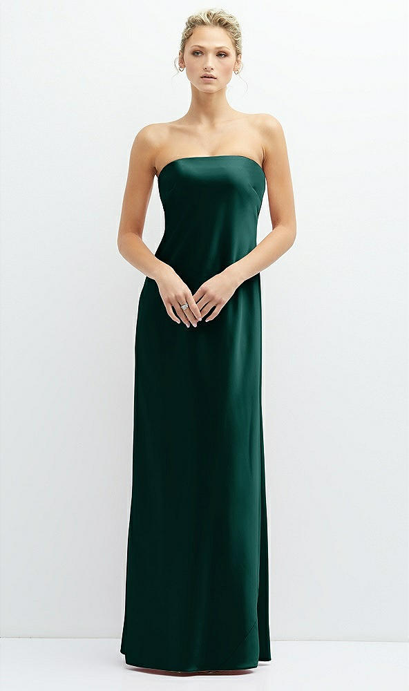 Front View - Evergreen Strapless Maxi Bias Column Dress with Peek-a-Boo Corset Back