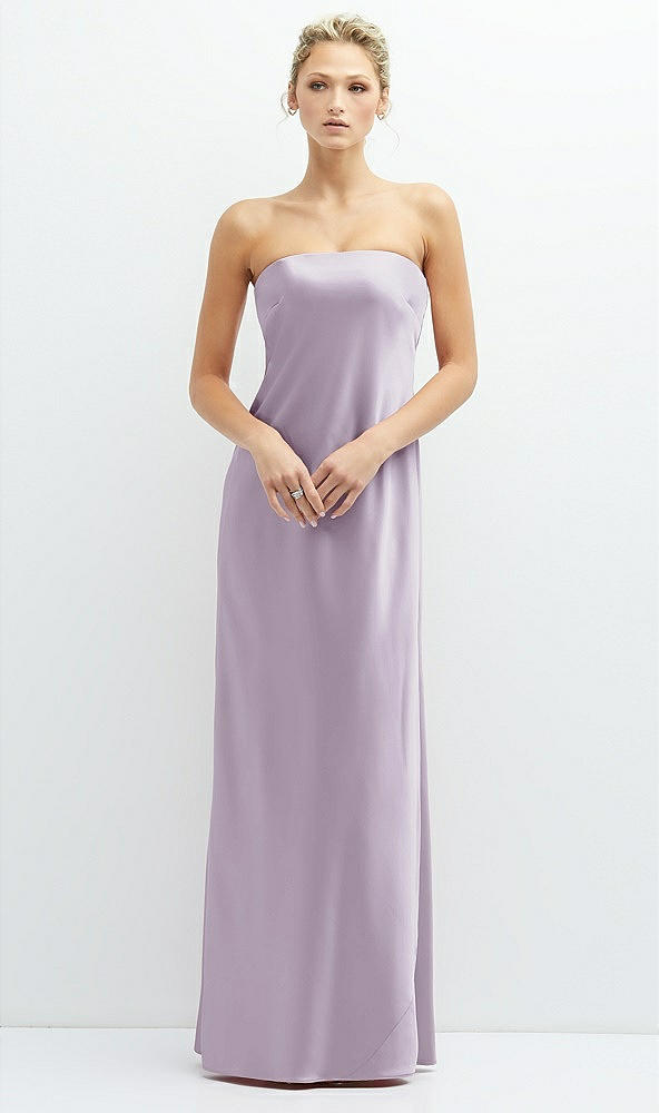 Front View - Lilac Haze Strapless Maxi Bias Column Dress with Peek-a-Boo Corset Back