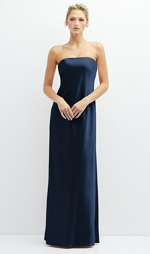 Front View - Midnight Navy Strapless Maxi Bias Column Dress with Peek-a-Boo Corset Back