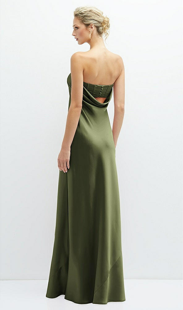 Back View - Olive Green Strapless Maxi Bias Column Dress with Peek-a-Boo Corset Back