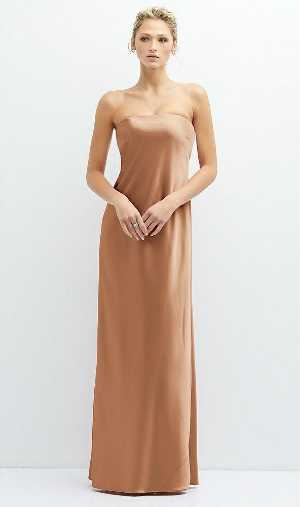 Front View - Toffee Strapless Maxi Bias Column Dress with Peek-a-Boo Corset Back