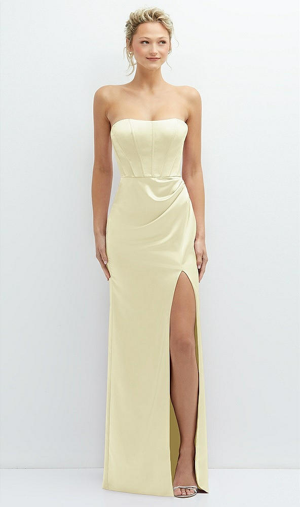 Front View - Butter Yellow Strapless Topstitched Corset Satin Maxi Dress with Draped Column Skirt