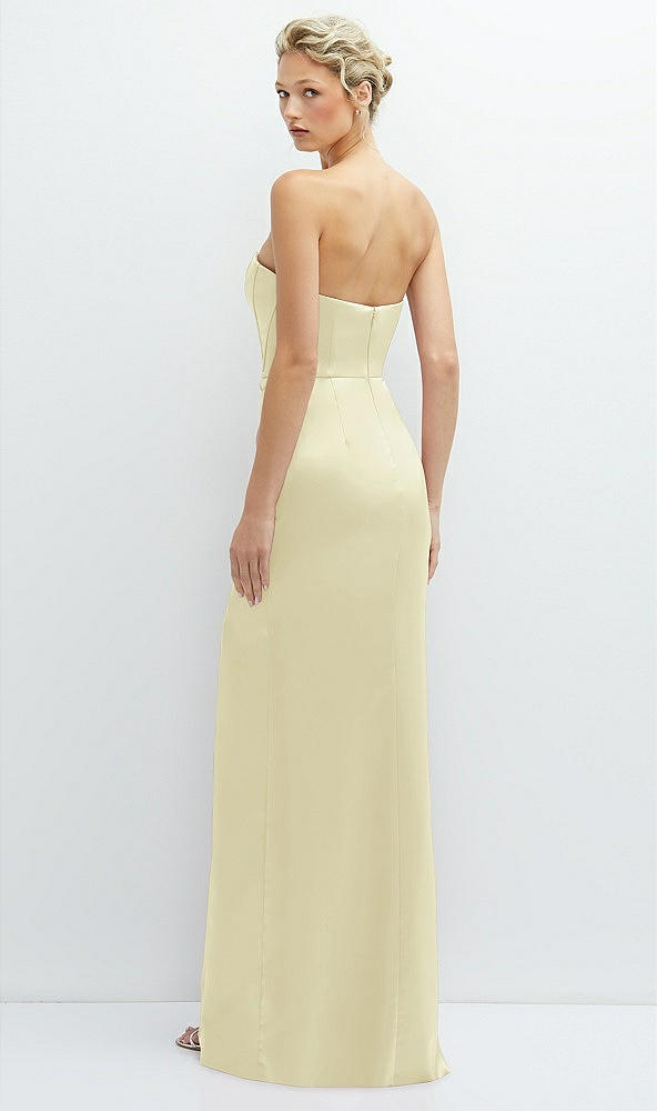 Back View - Butter Yellow Strapless Topstitched Corset Satin Maxi Dress with Draped Column Skirt