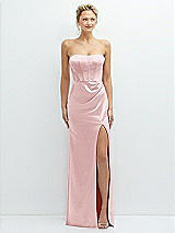 Front View Thumbnail - Ballet Pink Strapless Topstitched Corset Satin Maxi Dress with Draped Column Skirt