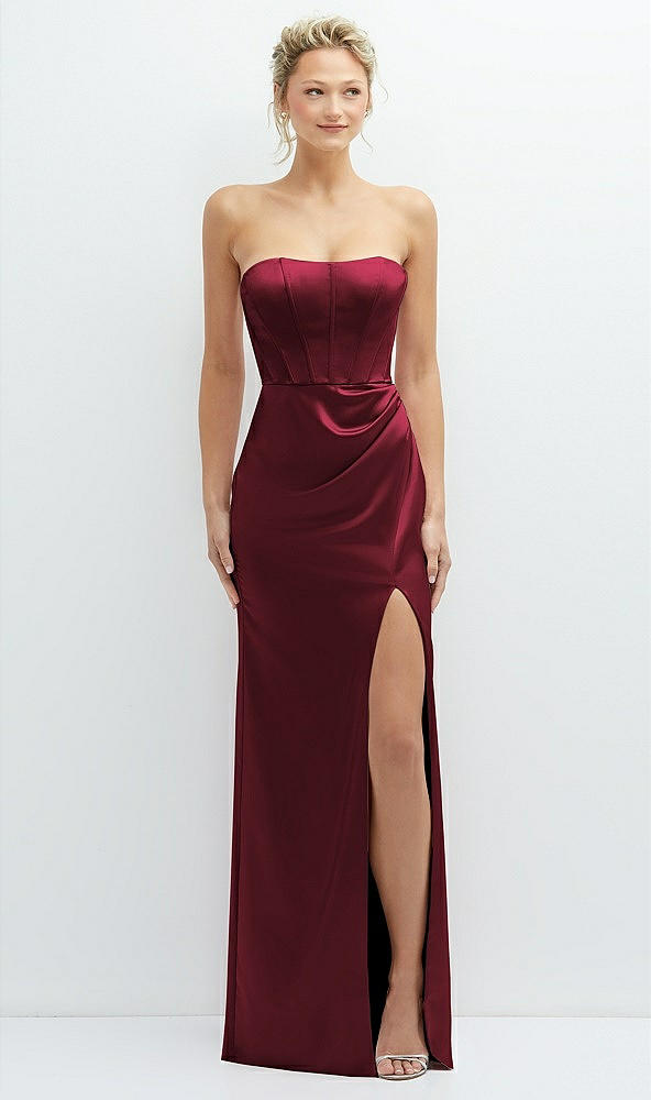 Front View - Cabernet Strapless Topstitched Corset Satin Maxi Dress with Draped Column Skirt