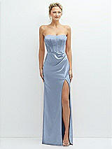 Front View Thumbnail - Cloudy Strapless Topstitched Corset Satin Maxi Dress with Draped Column Skirt