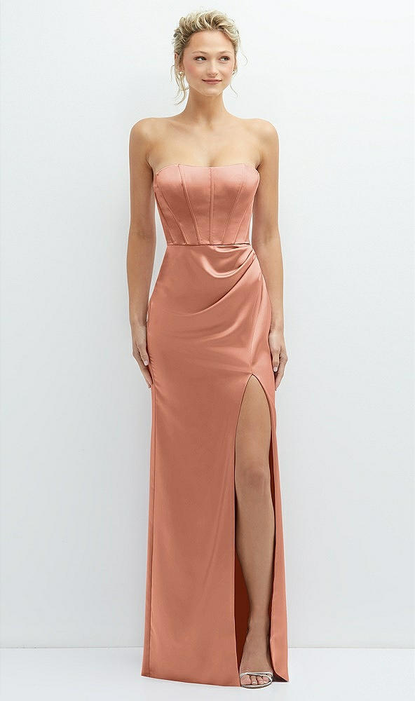 Front View - Copper Penny Strapless Topstitched Corset Satin Maxi Dress with Draped Column Skirt