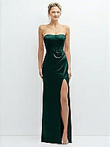 Front View Thumbnail - Evergreen Strapless Topstitched Corset Satin Maxi Dress with Draped Column Skirt