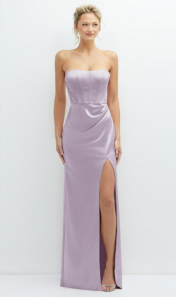 Front View - Lilac Haze Strapless Topstitched Corset Satin Maxi Dress with Draped Column Skirt