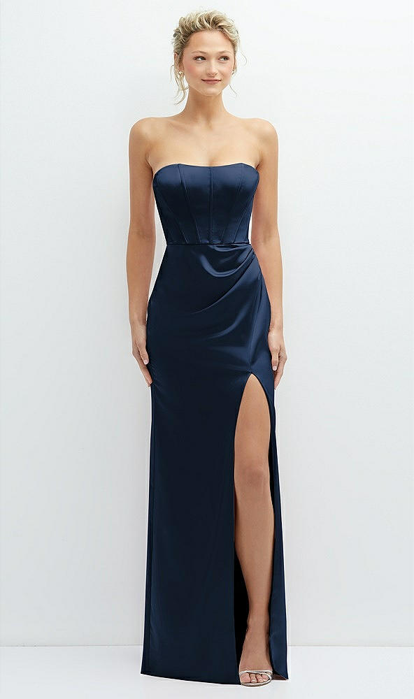 Front View - Midnight Navy Strapless Topstitched Corset Satin Maxi Dress with Draped Column Skirt