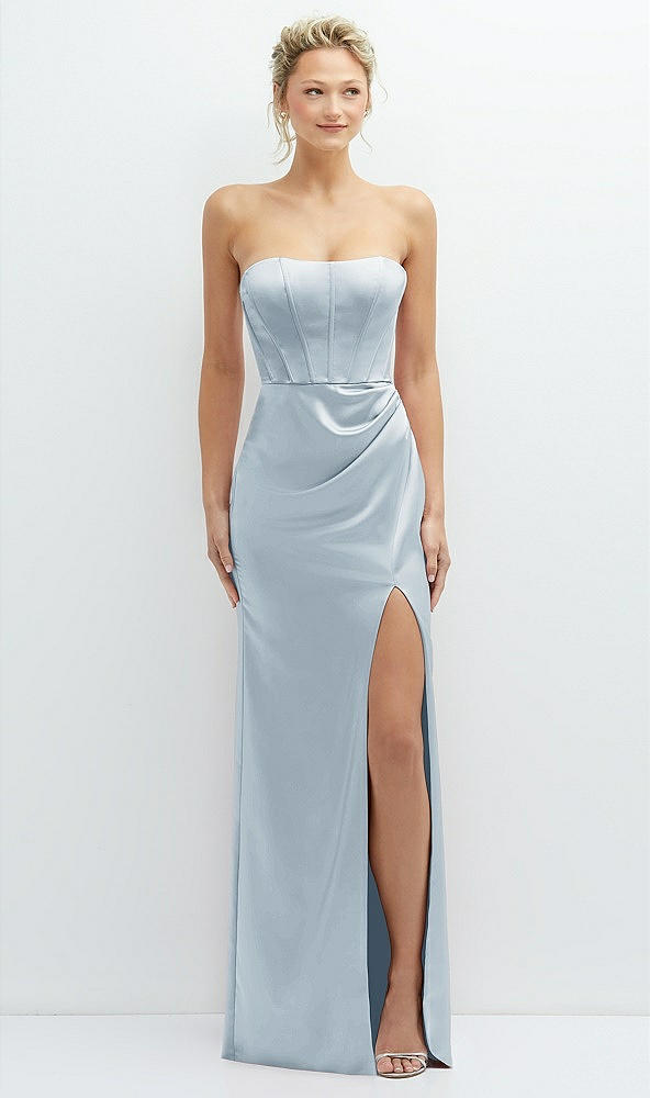 Front View - Mist Strapless Topstitched Corset Satin Maxi Dress with Draped Column Skirt