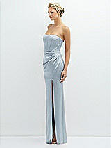 Side View Thumbnail - Mist Strapless Topstitched Corset Satin Maxi Dress with Draped Column Skirt