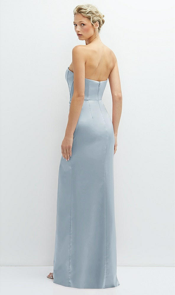 Back View - Mist Strapless Topstitched Corset Satin Maxi Dress with Draped Column Skirt