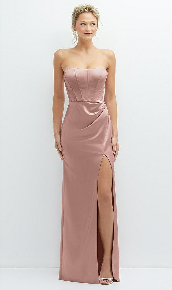 Front View - Neu Nude Strapless Topstitched Corset Satin Maxi Dress with Draped Column Skirt