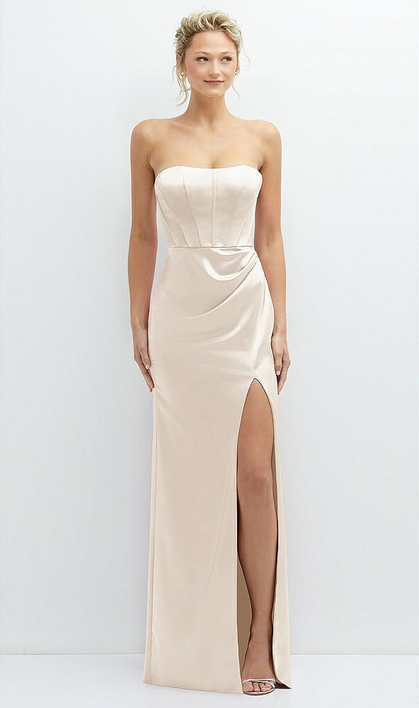 Front View - Oat Strapless Topstitched Corset Satin Maxi Dress with Draped Column Skirt