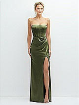 Front View Thumbnail - Olive Green Strapless Topstitched Corset Satin Maxi Dress with Draped Column Skirt