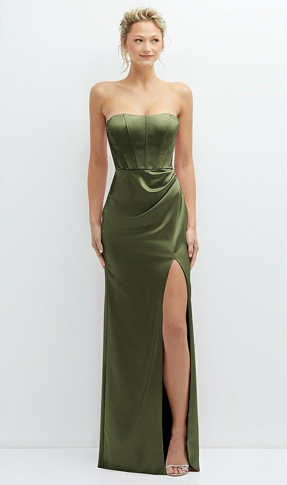 Front View - Olive Green Strapless Topstitched Corset Satin Maxi Dress with Draped Column Skirt
