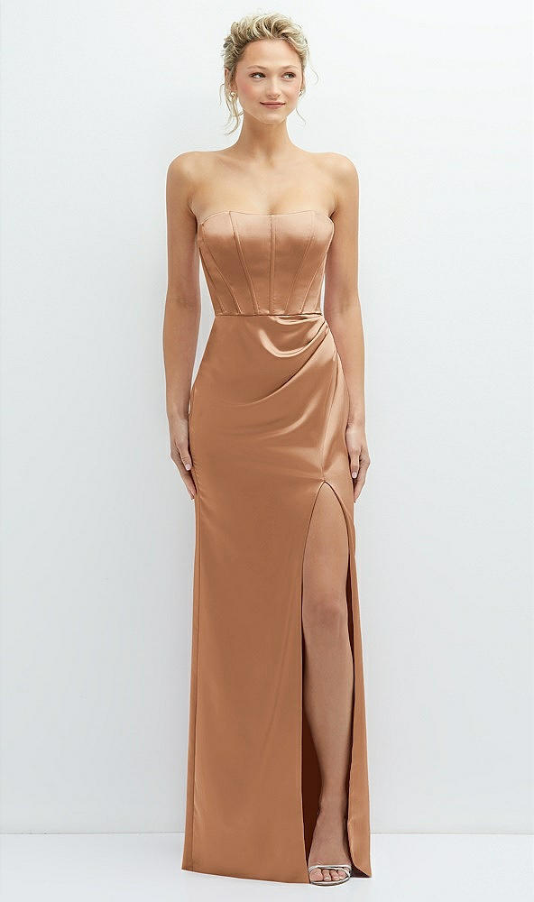 Front View - Toffee Strapless Topstitched Corset Satin Maxi Dress with Draped Column Skirt
