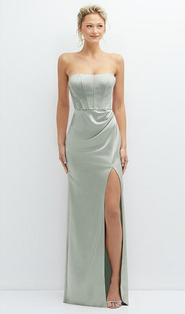 Front View - Willow Green Strapless Topstitched Corset Satin Maxi Dress with Draped Column Skirt