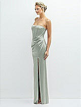 Side View Thumbnail - Willow Green Strapless Topstitched Corset Satin Maxi Dress with Draped Column Skirt