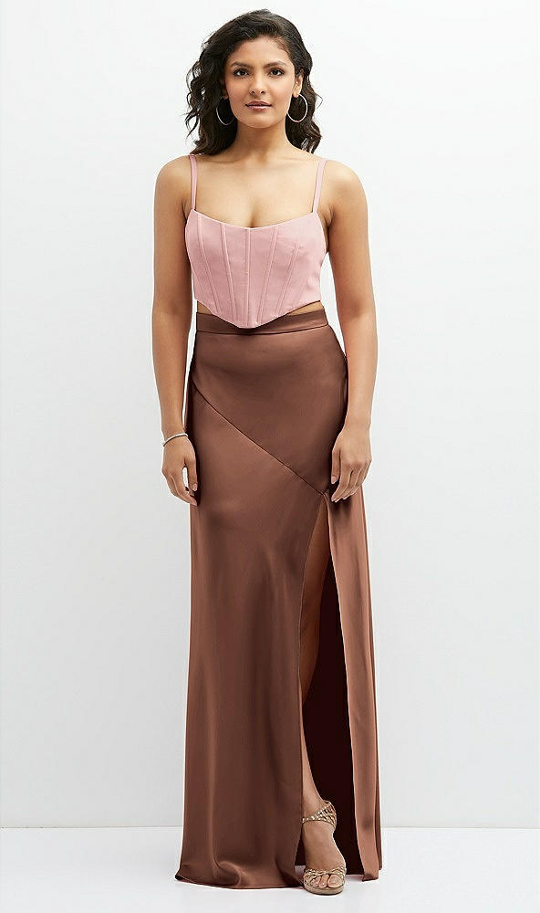 Front View - Cognac Satin Mix-and-Match High Waist Seamed Bias Skirt