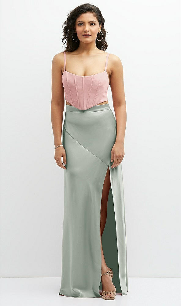 Front View - Willow Green Satin Mix-and-Match High Waist Seamed Bias Skirt