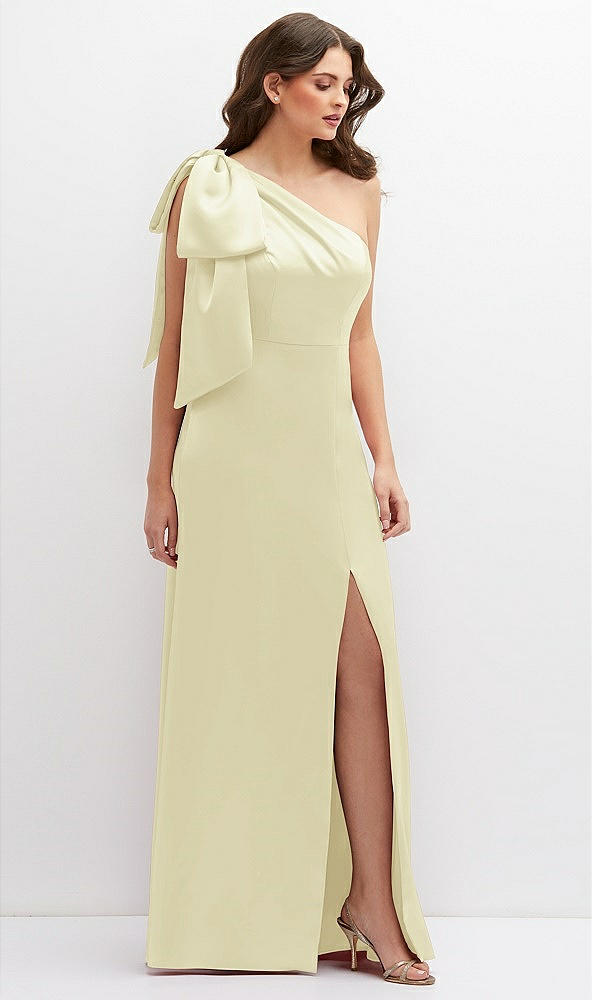Front View - Butter Yellow One-Shoulder Satin Maxi Dress with Chic Oversized Shoulder Bow
