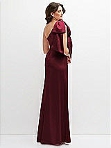 Rear View Thumbnail - Cabernet One-Shoulder Satin Maxi Dress with Chic Oversized Shoulder Bow