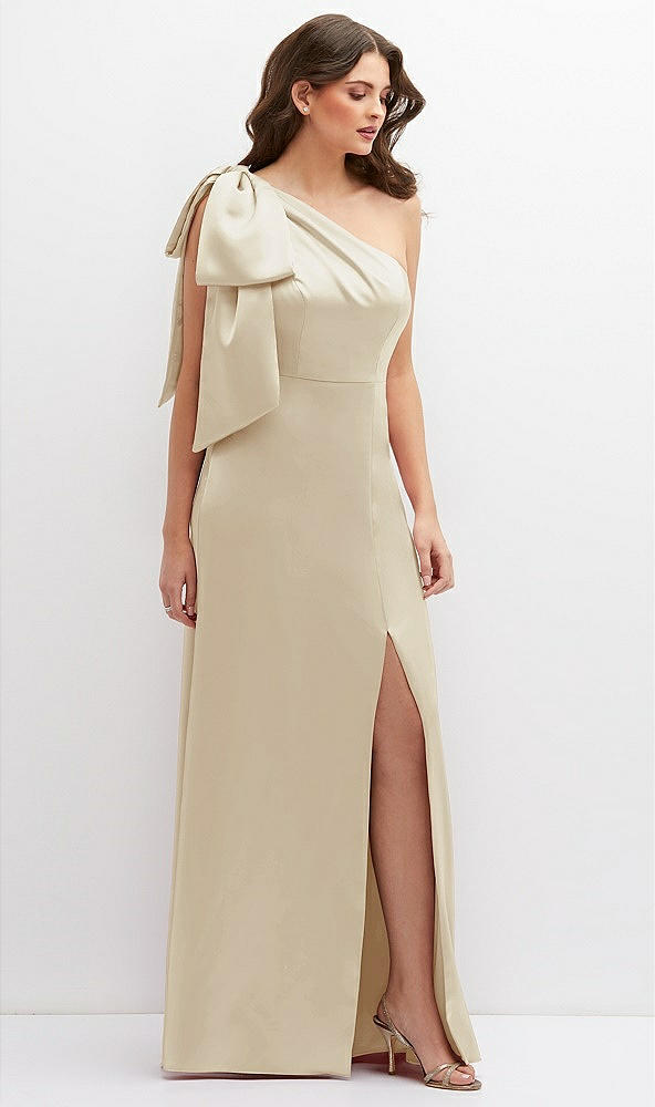 Front View - Champagne One-Shoulder Satin Maxi Dress with Chic Oversized Shoulder Bow