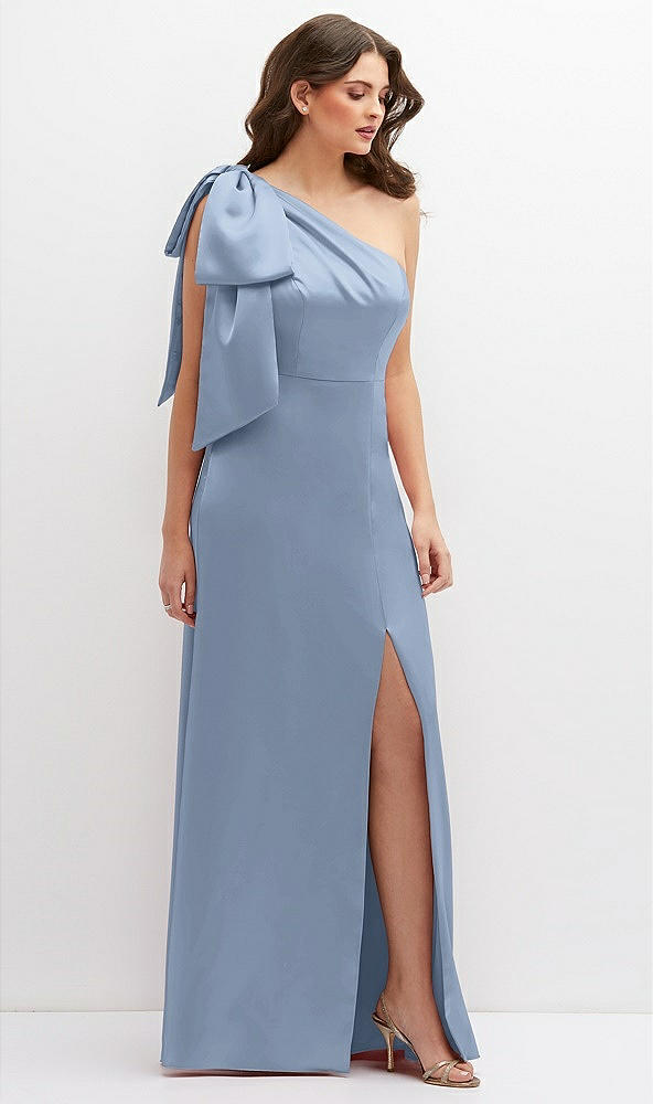 Front View - Cloudy One-Shoulder Satin Maxi Dress with Chic Oversized Shoulder Bow