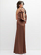 Rear View Thumbnail - Cognac One-Shoulder Satin Maxi Dress with Chic Oversized Shoulder Bow