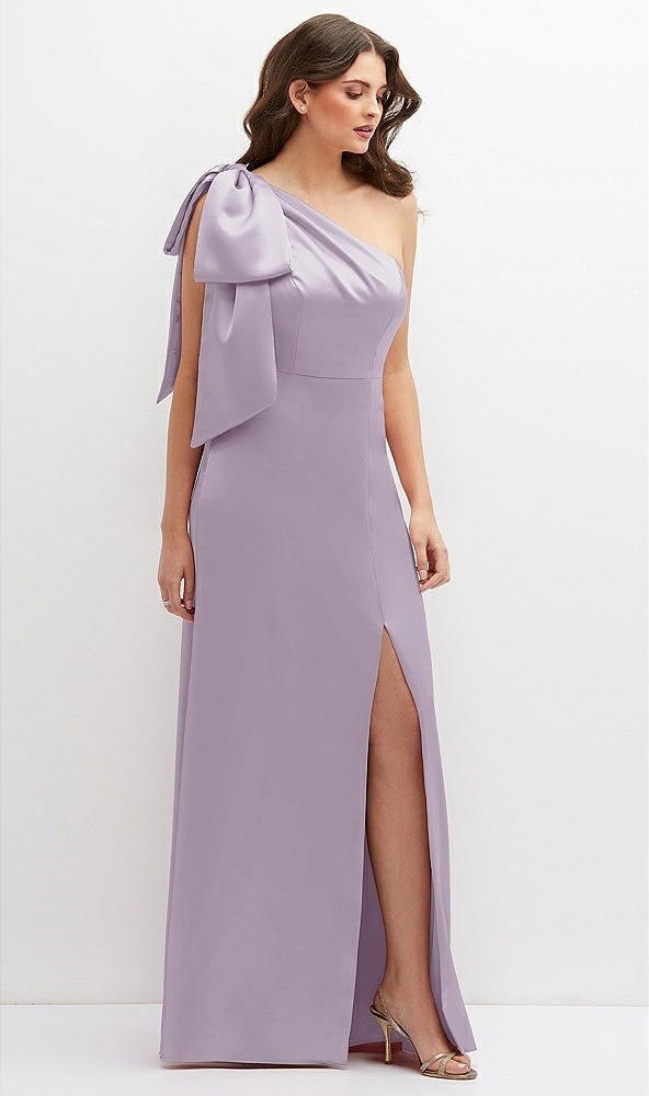 Front View - Lilac Haze One-Shoulder Satin Maxi Dress with Chic Oversized Shoulder Bow