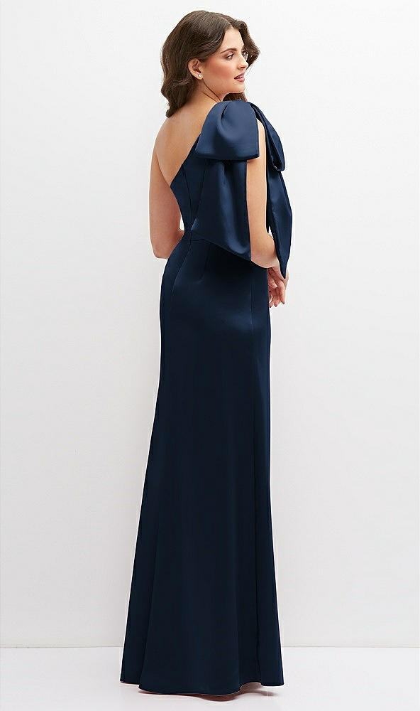 Back View - Midnight Navy One-Shoulder Satin Maxi Dress with Chic Oversized Shoulder Bow