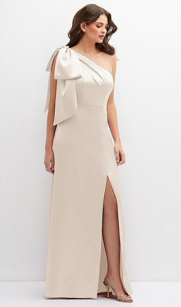 Front View - Oat One-Shoulder Satin Maxi Dress with Chic Oversized Shoulder Bow