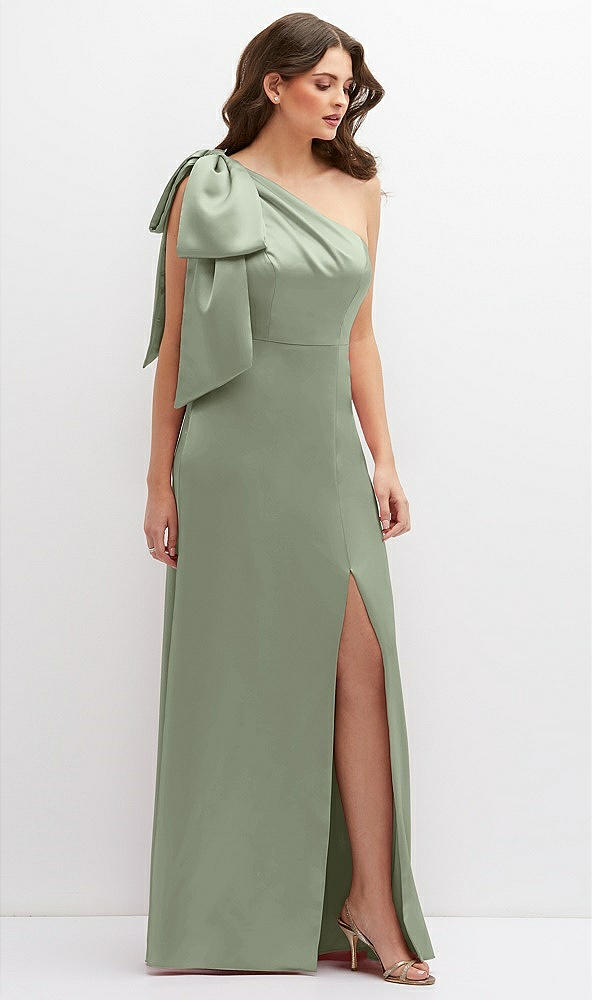 Front View - Sage One-Shoulder Satin Maxi Dress with Chic Oversized Shoulder Bow
