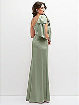 Rear View Thumbnail - Sage One-Shoulder Satin Maxi Dress with Chic Oversized Shoulder Bow