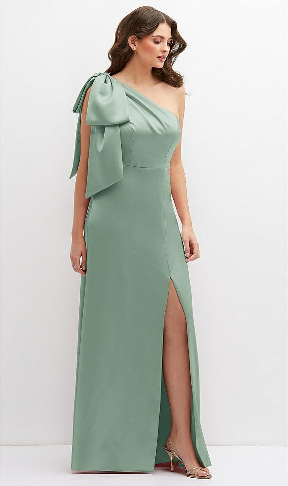 Front View - Seagrass One-Shoulder Satin Maxi Dress with Chic Oversized Shoulder Bow