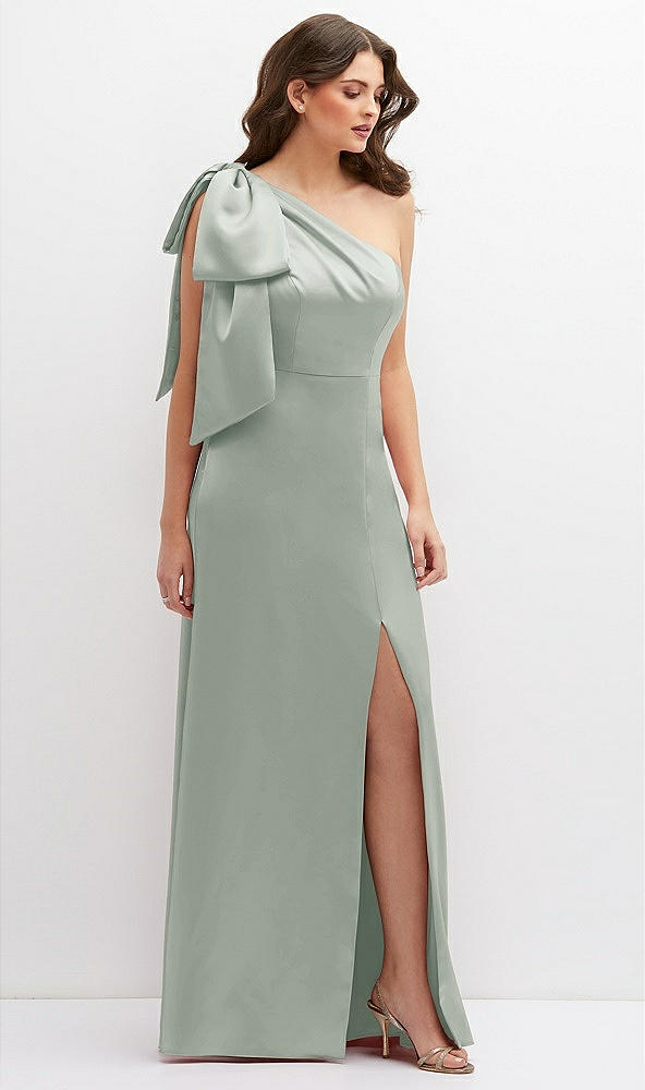 Front View - Willow Green One-Shoulder Satin Maxi Dress with Chic Oversized Shoulder Bow