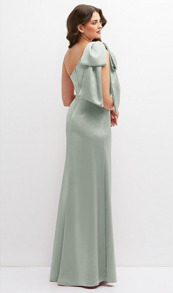 Back View - Willow Green One-Shoulder Satin Maxi Dress with Chic Oversized Shoulder Bow