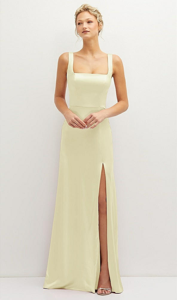 Front View - Butter Yellow Square-Neck Satin A-line Maxi Dress with Front Slit