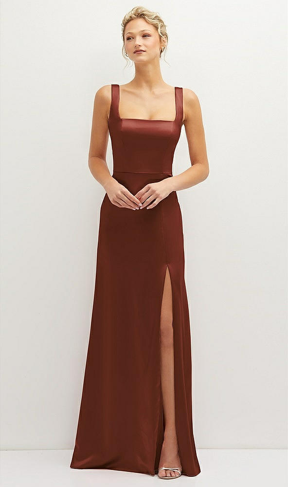 Front View - Auburn Moon Square-Neck Satin A-line Maxi Dress with Front Slit