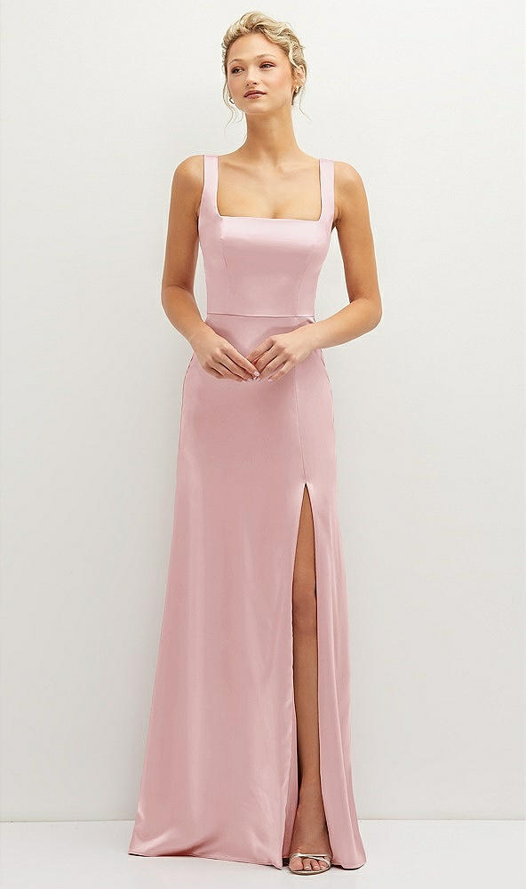 Front View - Ballet Pink Square-Neck Satin A-line Maxi Dress with Front Slit