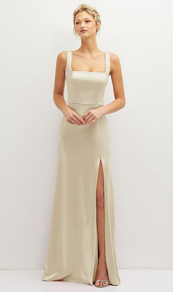 Front View - Champagne Square-Neck Satin A-line Maxi Dress with Front Slit